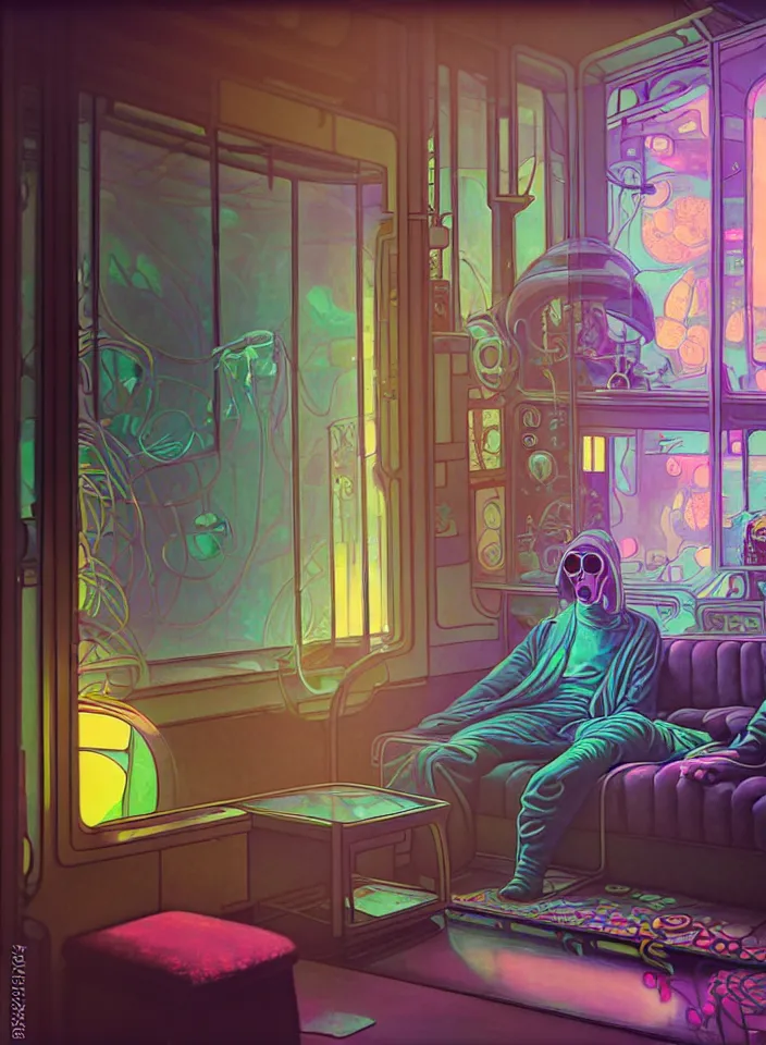 Prompt: telephoto 7 0 mm f / 2. 8 iso 2 0 0 photograph depicting the feeling of chrysalism in a cosy safe cluttered french sci - fi ( ( art nouveau ) ) cyberpunk apartment in a pastel dreamstate art cinema style. ( living room ) ( ( fish tank ) ), ambient light.