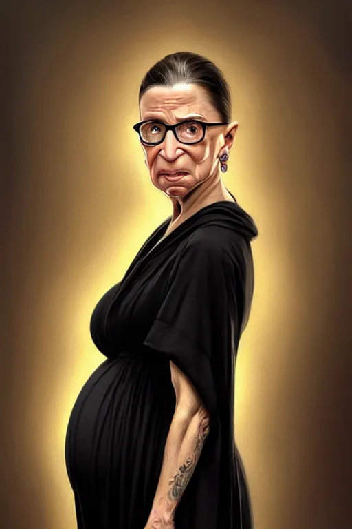 Prompt: pregnant ruth bader ginsburg in a thin black robe, realistic portrait, symmetrical, highly detailed, digital painting, artstation, concept art, smooth, sharp focus, illustration, cinematic lighting, art by artgerm and greg rutkowski and alphonse mucha