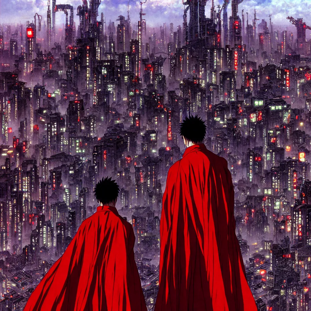 Image similar to tetsuo with red cape in neo - tokyo overlooking city, from akira | anime, matte painting, perfect detailed face anime art, dystopian megacity neo - tokyo akira, shaded perfect, fine details. realistic shaded lighting anime manga artwork by katsuhiro otomo, akira, artgerm, jeremy lipkin and michael garmash and rob rey