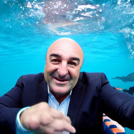 Prompt: kevin o'leary swimming inside the ocean, like a shark, taken by a gopro