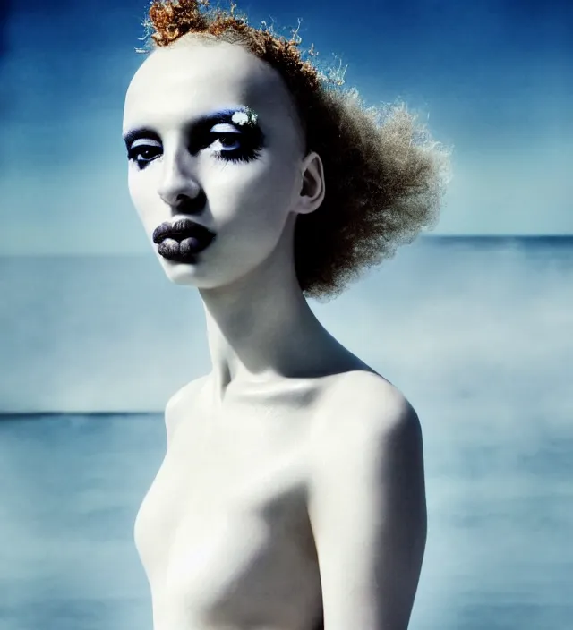 Image similar to photography face portrait of one stunning woman in white beach ocean, dress by iris van herpen, creative colorfull - makeup, curly hair style halflong, photography by paolo roversi nick knight, helmut newton, avedon, and araki, sky forest background, natural pose, highly detailed, skin grain detail