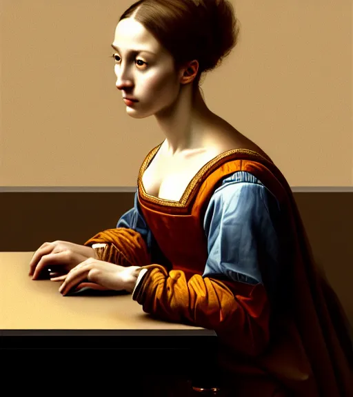 Prompt: portrait of a computer sitting upon a table with heightened detail, poised, intense emotion, detailed facial expression, detailed surroundings, intricate, elegant, highly detailed, centered, digital painting, artstation, concept art, smooth, sharp focus, illustration, by ( leonardo da vinci ), wlop