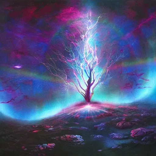 Prompt: the ghost of the world tree radiates rainbow light into the dark cosmos, epic painting, romanticism, atmospherics