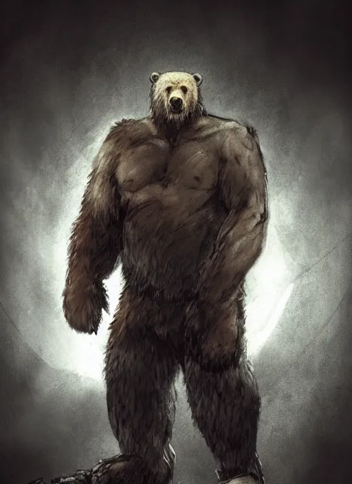 Image similar to Full body portrait of an old muscular man with blonde hair and dark beard wearing bear skin, a large bear spirit is standing beside. In style of Yoji Shinkawa and Hyung-tae Kim, trending on ArtStation, dark fantasy, great composition, concept art, highly detailed.