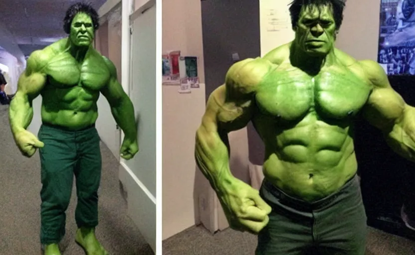 Image similar to a bad quality picture of a dude poorly cosplaying the incredible hulk,