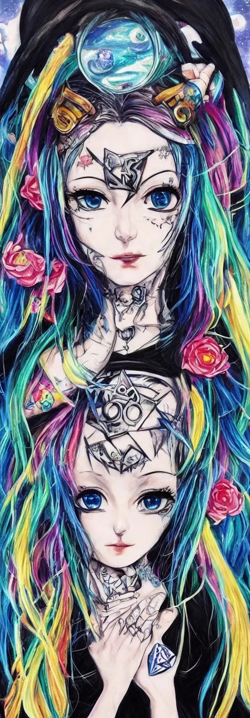 Image similar to <https://s.mj.run/bj8WQ5Y0m1s> Punk Rock Sailor Moon, with tattoos, dark clothing, beautiful portrait painting of an anime girl, cute, blonde hair, symmetrical face, symmetrical eyes, two identical symmetrical eyes, portrait, beautiful girl, artstation, trending on artstation, gorgeous, smooth skin, cutie, long hair, fantasy style, pastel colors , FHD