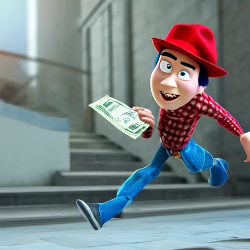 Image similar to thief escaping a robbery with a bag of money. pixar style