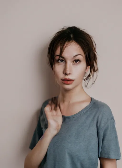 Prompt: a woman posing, beautiful face, serious expression, brown hair, laying on a bed, wearing pants and a t-shirt, backlit, photo by Marat Safin, Canon EOS R3, f/1.4, ISO 200, 1/160s, 8K, RAW, unedited, symmetrical balance, in-frame