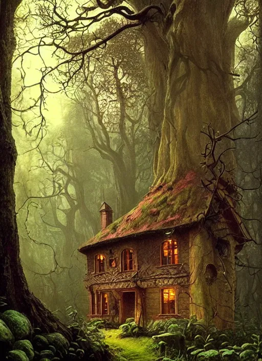 Image similar to hyper realistic witch cottage rococo in the woods gorgeous lighting, highly detailed, lush forest painting by zdzisław beksinski and norman rockwell and greg rutkowskiweta studio, and lucasfilm