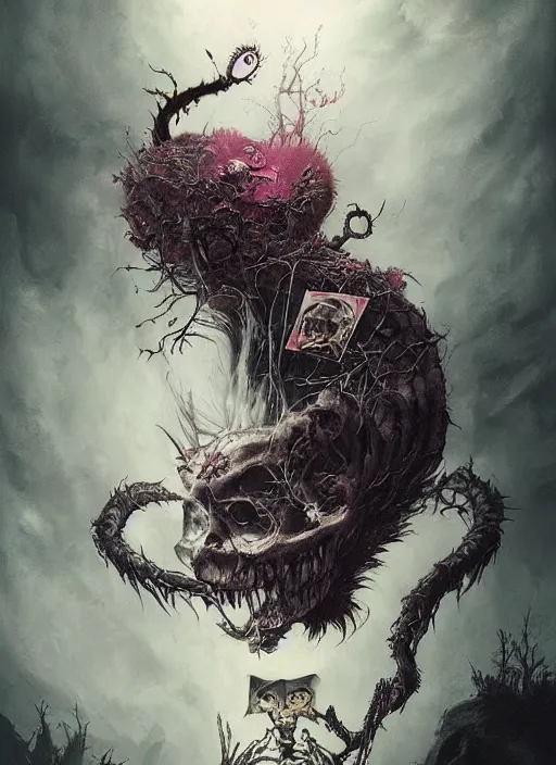 Prompt: cheshire cat death tarot card, highly detailed, half skull face, cinematic, 8 k, by stanley artgermm, tom bagshaw, greg rutkowski, carne griffiths, ayami kojima, beksinski, giger, trending on deviantart, hyper detailed, horror, full of colour