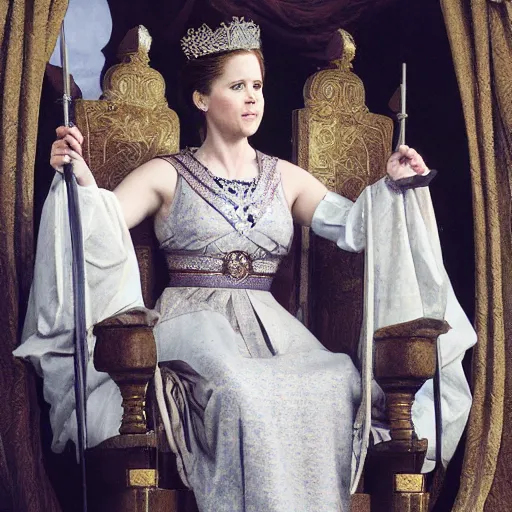 Image similar to Jenna Fischer in Roman queen clothes, sitting on throne, holding court, Norman Rockwell