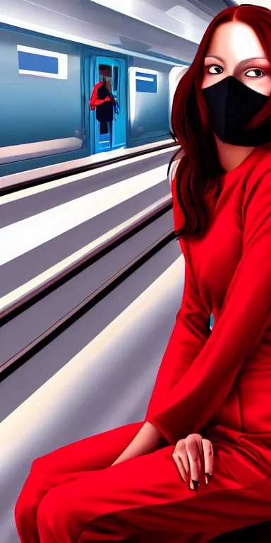 Prompt: portrait of a pretty woman sitting on the train, wearing a red jumpsuit, a black mask, and red platform shoes, digital art, highly detailed, 4 k