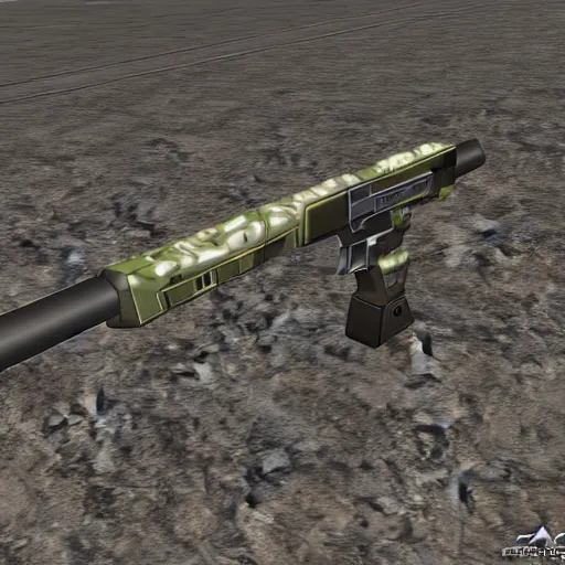 Image similar to a realistic looking photon rifle from Phantasy Star Online, high detail, high contrast, desert camouflage