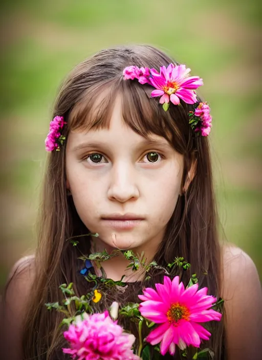 Prompt: portrait of a 8 year old woman, symmetrical face, flowers in her hair, she has the beautiful calm face of her mother, slightly smiling, ambient light