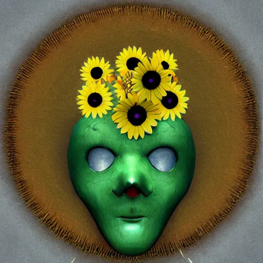 Prompt: Clockwork forget-me-nots form a sad mask in the faint sunflower glow of a lonely friend, artstation