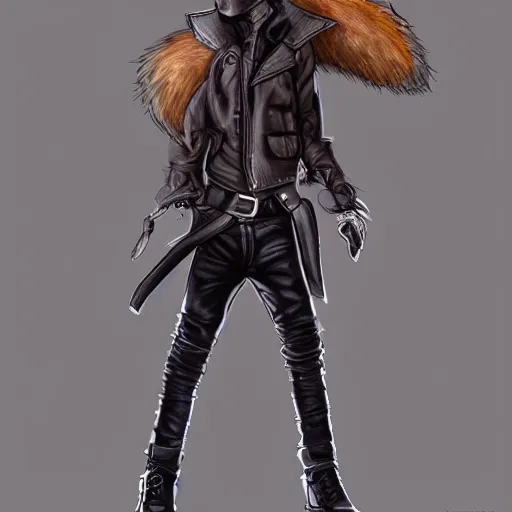 Image similar to A fox with a small head wearing a leather jacket and leather jeans and leather gloves, trending on FurAffinity, energetic, dynamic, digital art, highly detailed, FurAffinity, high quality, digital fantasy art, FurAffinity, favorite, character art