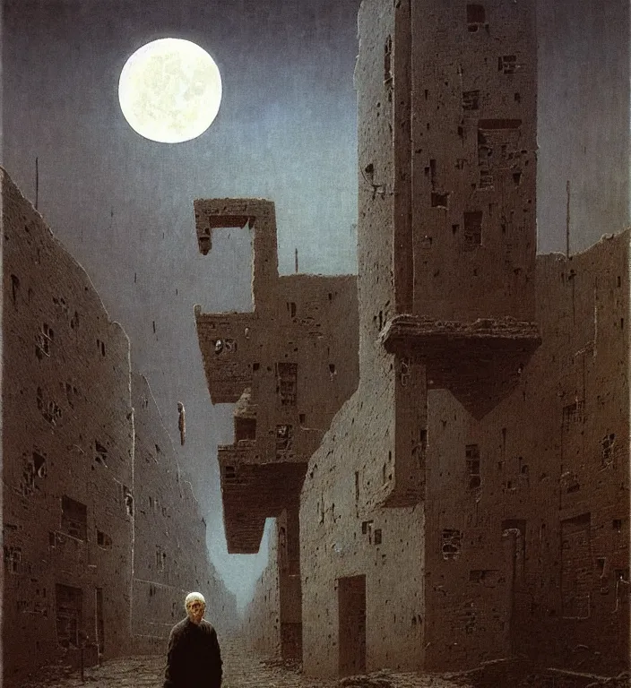 Prompt: old white - headed man under the huge moon on a street of ruined city by beksinski, very coherent