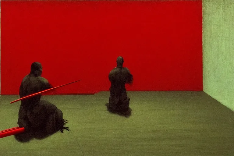 Image similar to only with red, a red samurai do seppuku, tokio, a lot of frogs watch, in the style of beksinski, parts by edward hopper, parts by rodcenko, parts by yue minjun, intricate and epic composition, red by caravaggio, insanely quality, highly detailed, masterpiece, red light, artstation, 4 k