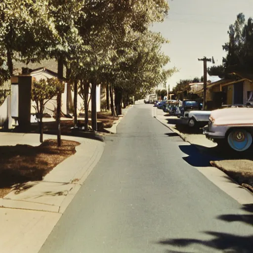 Prompt: photo of suburban street in California 1950, Kodak Ultra F9, 35mm