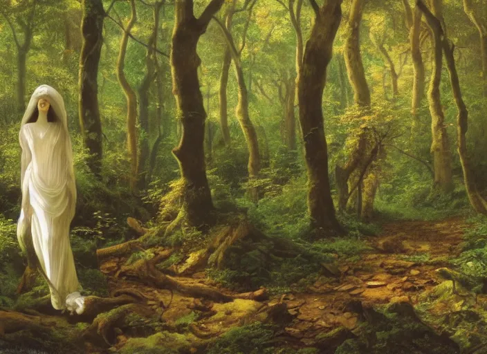 Prompt: a porcelain marble woman in deep forest grotto, dappled light on the forest floor, by abbott fuller graves