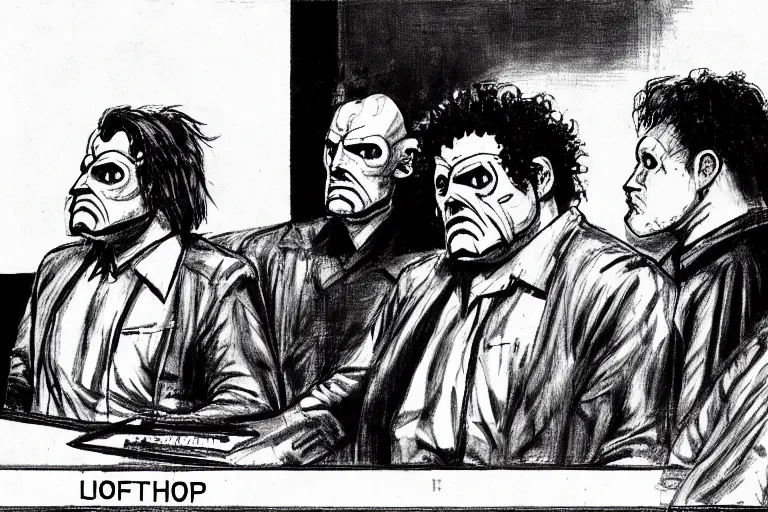 Image similar to leatherface in court testifying against robocop, detailed facial expressions