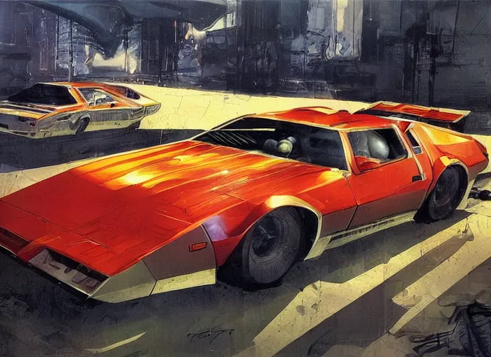 Prompt: ( ( ( ( ( 1 9 8 2 pontiac trans am, car concept art, sci - fi illustration, painting, in the style of speed racer ) ) ) ) ) by vincent di fate and john berkey and knight rider!!!!!!!