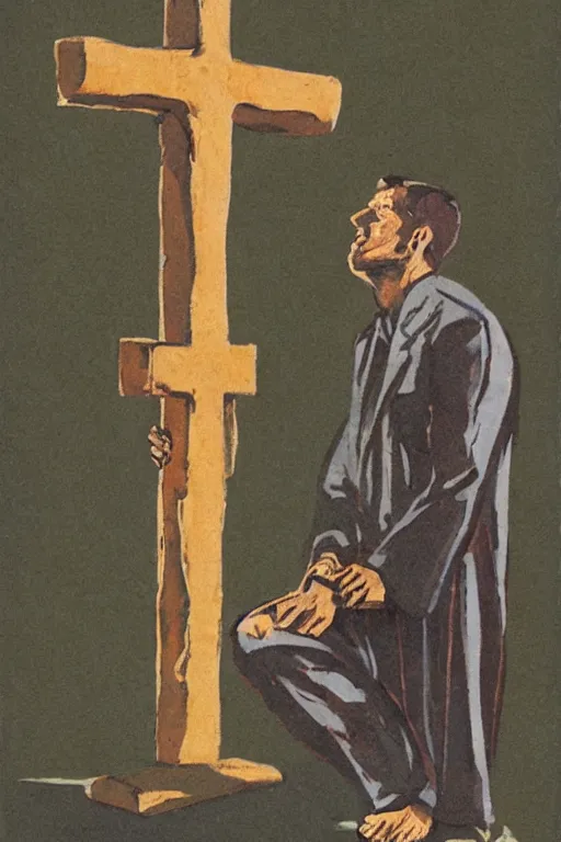 Image similar to man kneeling at the base of a wooden cross, 1960’s advertising art illustration