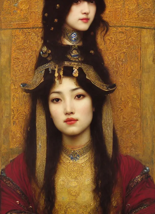 Image similar to beautifull asian queen cyborg with bangs curly Iranian orientalist portrait by john william waterhouse and Edwin Longsden Long and Theodore Ralli and Nasreddine Dinet, oil on canvas. Cinematic, hyper realism, dramatic lighting, high detail 4k