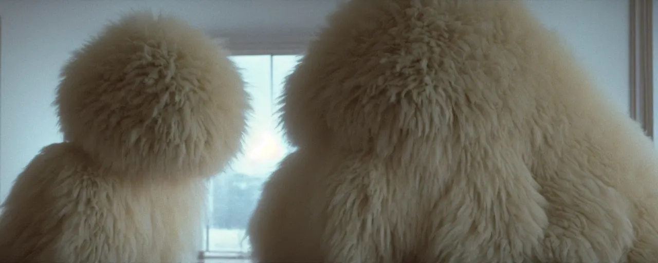 Image similar to a strange huge fluffy furry creature sits in the living room, film still from the movie directed by denis villeneuve with art direction by zdzisław beksinski, close up, telephoto lens, shallow depth of field