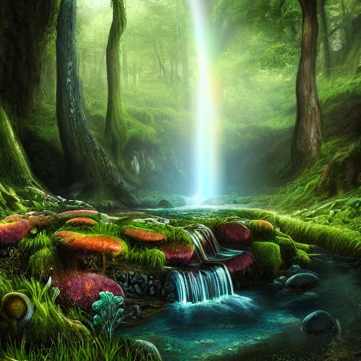 Prompt: ancient forest, waterfall, rainbow, moss landscape, lush, mushrooms, stones, mysterious, rainbow, intricate, hyper detailed, artstation, concept art, smooth, sharp focus, ray tracing, vibrant, photorealistic, albert bierstadt
