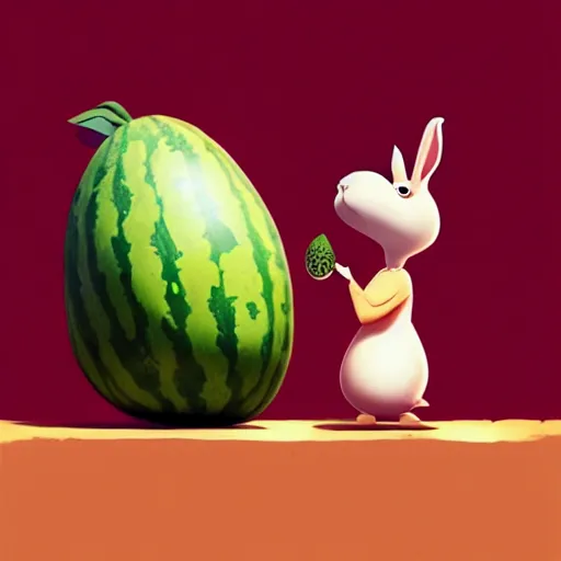 Image similar to Goro Fujita illustrating a rabbit eating a giant watermelon, art by Goro Fujita, sharp focus, highly detailed, ArtStation