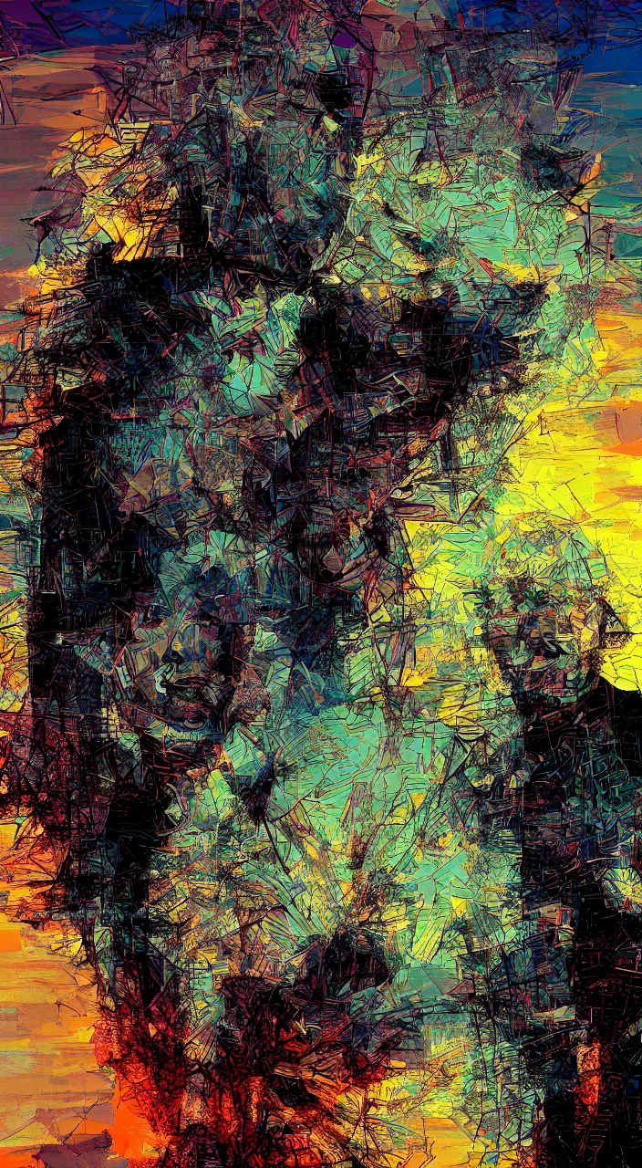 Image similar to pixel sorting in the style of ralph steadman, gearlord digital celluar automata, vivid dusk sunlight, color film grain, ultra realistic