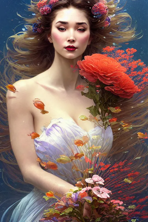 Prompt: portrait of a beautiful mysterious woman holding a bouquet of flowing flowers, bubbles, upward flowing long hair, hands hidden under the bouquet, underwater with coral and fish, fantasy, regal, intricate, by stanley artgerm lau, greg rutkowski, thomas kinkade, alphonse mucha, loish, norman rockwell