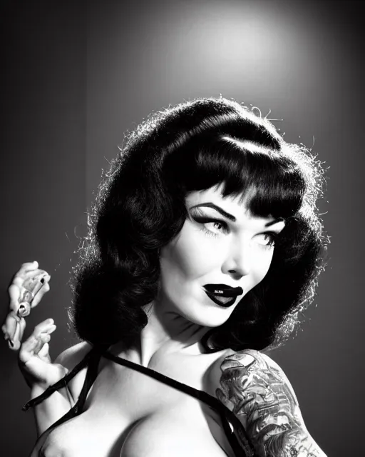 Image similar to 2 8 mm closeup portrait of a beautiful bettie page with long dark wind blown hair and tattoos in a photo studio, rim lighting, glamour pose, hyper realistic, art frahm, pinup, hd, octane, arney freytag, 1 9 4 5