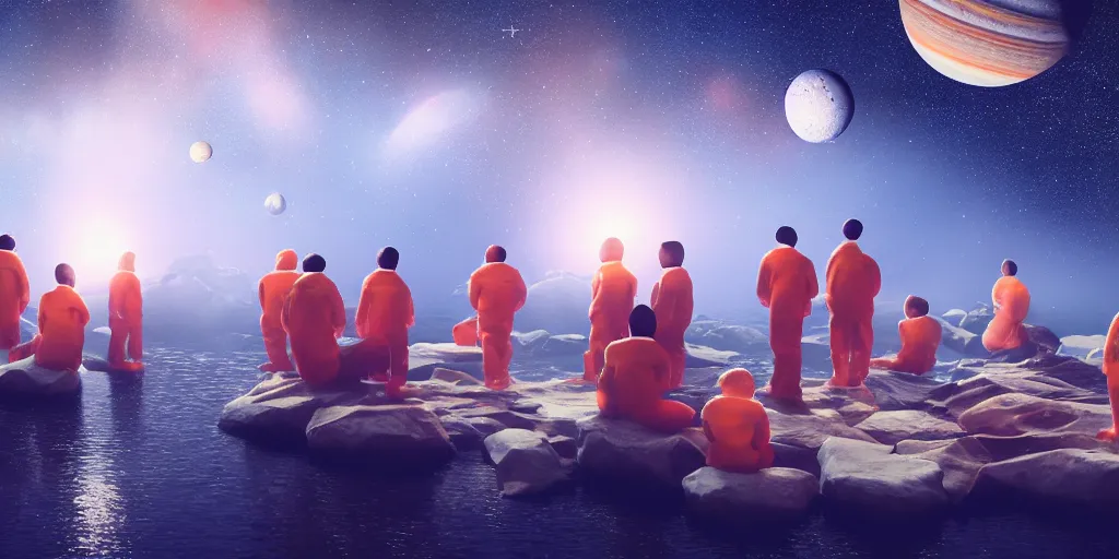 Image similar to twelve astronauts sitting by the river with a big holiday cake + octane render + planets and stars + mystical fog, super detail, high quality