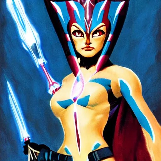 Prompt: Ahsoka with light by frank Frazetta