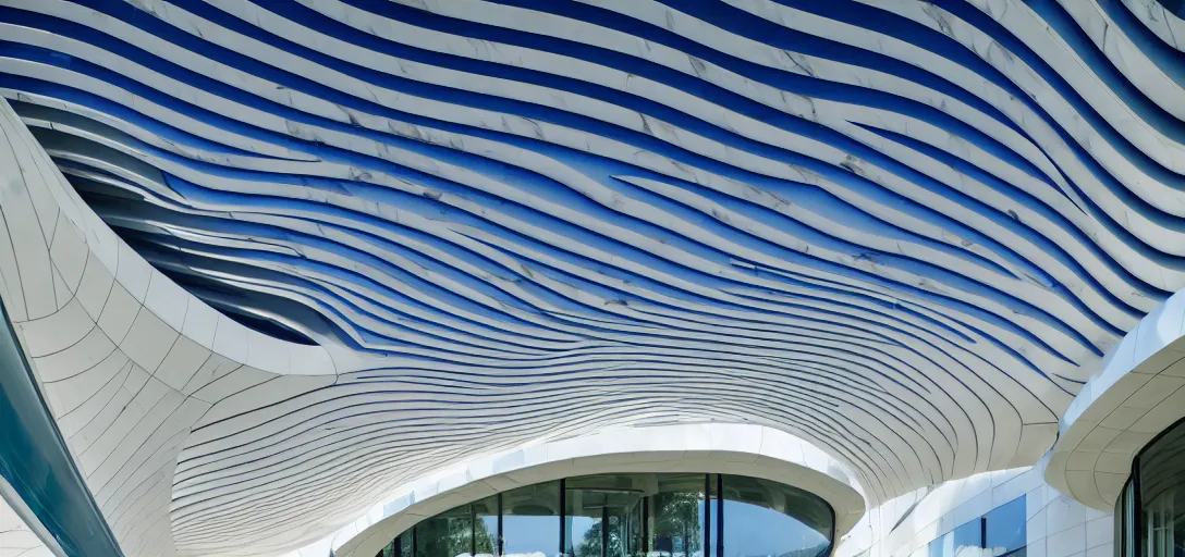 Prompt: curved roof planes lift and descend creating shade and architectural expression, highly detailed, marble, vivid color, high resolution photography, mist, entry way facade