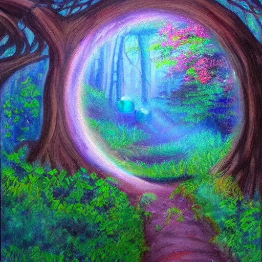 Image similar to secret hidden path in the forest leading to a portal to outerspace, prismatic weather, flowers, realistic oil painting