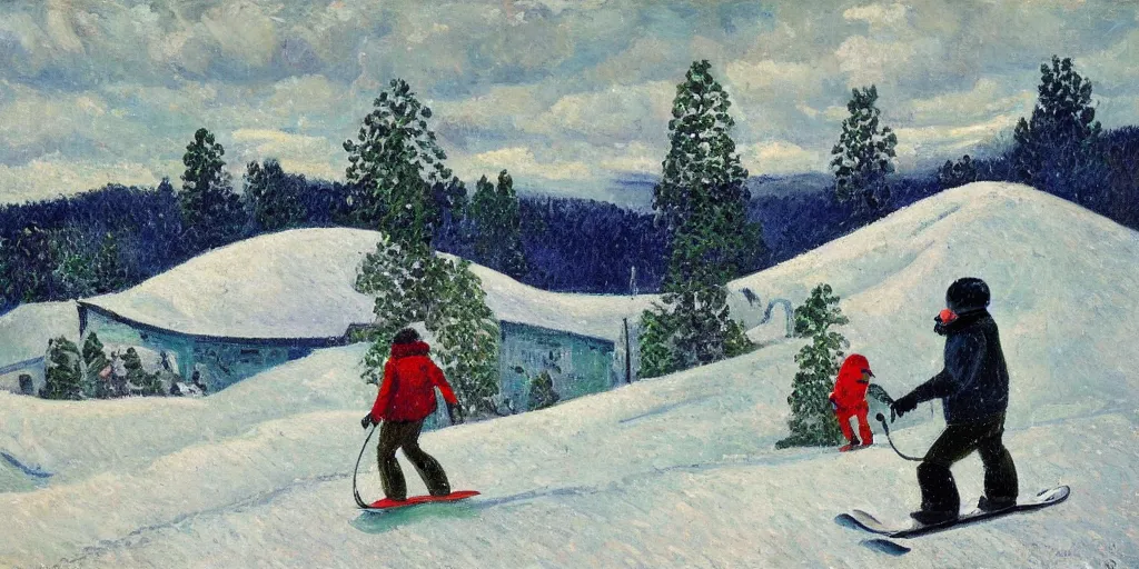 Prompt: pepe the frog snowboarding, gloomy landscape, expressive oil painting by christopher radlund and camille pissaro