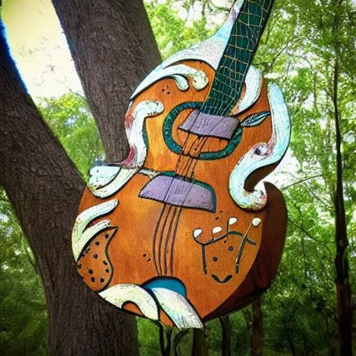 Prompt: metallic bird is playing guitar made of giant trees