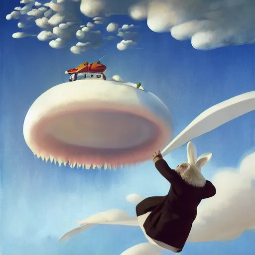 Prompt: Giant ice rabbits fly through the air, as a tornado approaches, by Takashi Murakami, Edward Hopper, Bo Bartlett, and Cynthia Sheppard, Artstation