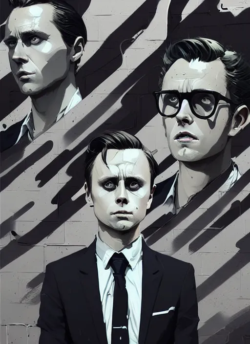 Image similar to highly detailed closeup portrait of martin wallstrom, tyrell wellick, slick back hair wearing suit by atey ghailan, by greg rutkowski, by greg tocchini, by james gilleard, by joe fenton, by kaethe butcher, gradient blue, black and white only color scheme, grunge aesthetic!!! ( ( graffiti tag wall background ) )