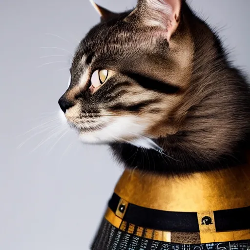 Image similar to a cat wearing samurai armor, studio lighting