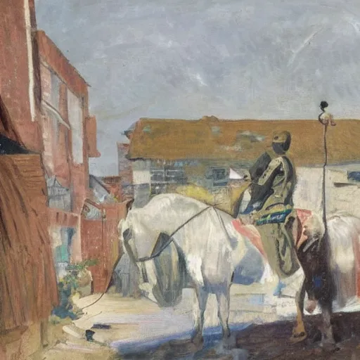 Image similar to painting of a man on a horse in a Dublin alleyway, painted by George Bellows, 1905