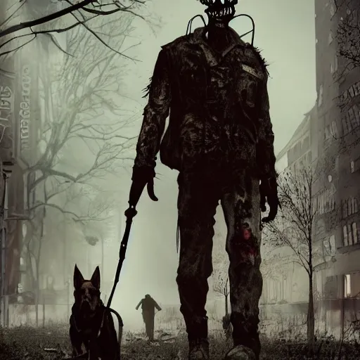 Prompt: dog - walker with german shepherd as angry zombie in a city park, full body portrait, horror core, apocalyptic, sharp focus, fiction, hyper detailed, digital art, trending in artstation, cinematic lighting, studio quality, smooth render, unreal engine 5 rendered, octane rendered, art style and nixeu and wlop and krenz cushart