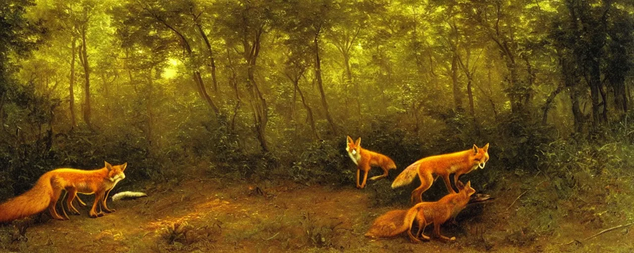 Prompt: foxes in the forest, by albert bierstadt