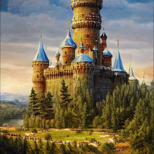 Image similar to a beautiful painting by a majestic medieval castle with hundreds of medieval knights, made of wood, by ivan shishkin and other ancient etch holds, hyperrealism digital art by Grosnez and Taro Okamoto