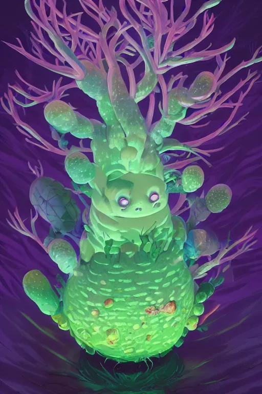 Image similar to roots cactus sushi cristal smurf ghost creature animal sushi cristal very big eye roots cactus elemental flush of force nature micro world fluo fishscale, behance hd by jesper ejsing, by rhads, makoto shinkai and lois van baarle, ilya kuvshinov, rossdraws radiating a glowing aura global illumination ray tracing hdr