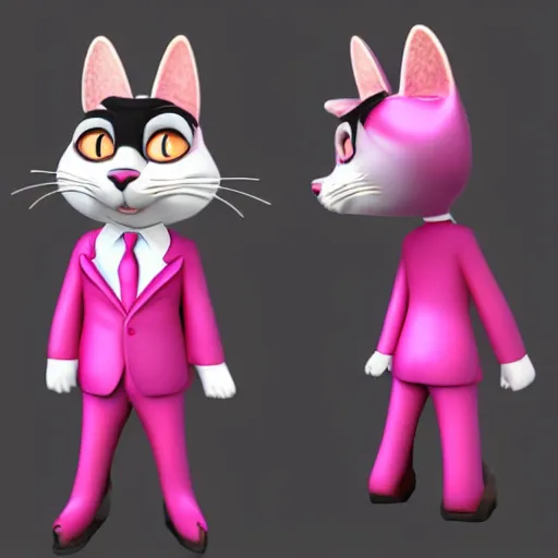 Prompt: HD 3d model of a anthropomorphic male cat in a pink tux in the the style of Zootopia