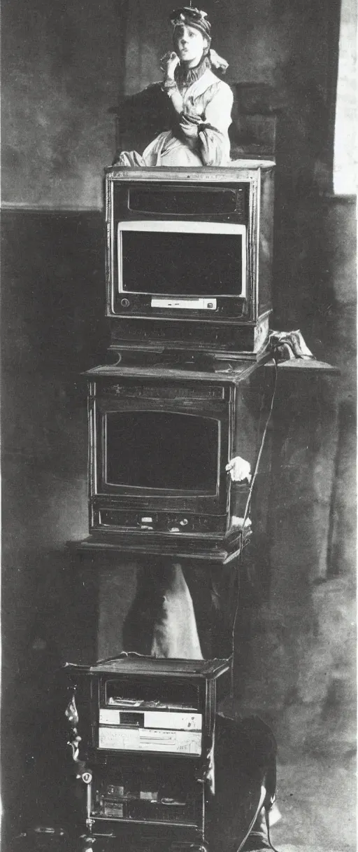 Image similar to 1 9 0 0 s photo of a person watching a flat screen hd tv